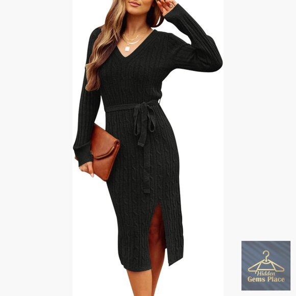 Long Sleeve Cable Knit V-Neck Midi Sweater Dress Bodycon Slim Fit